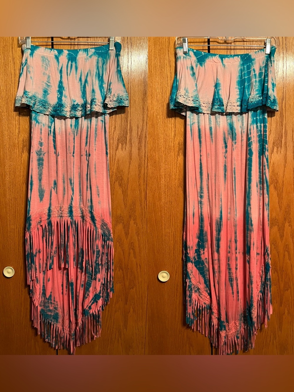 Tie-Dye Strapless Fringe High-Low Dress in Pink & Teal